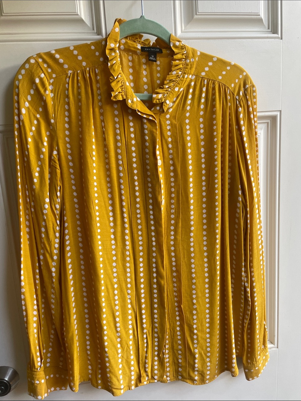 Ann Taylor Mustard Yellow Polka Dot Ruffle Collar Button-Front Blouse